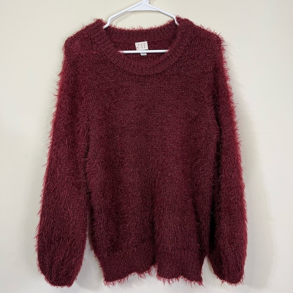 A New Day Maroon Balloon Sleeve Eyelash Sweater - Picture 2 of 6